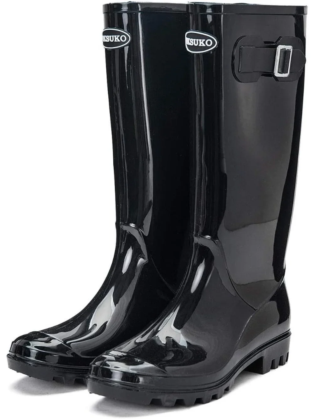 Women's Bright Black Tall Waterproof Rain Boots Rubber Wide Calf Garden Boots